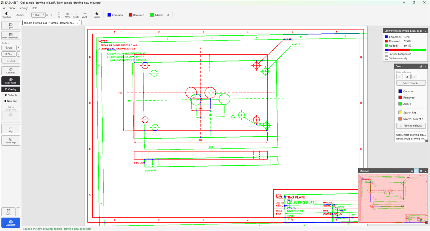 Two misaligned drawings overlaid. Every line on the drawing appears doubled, in red and green.