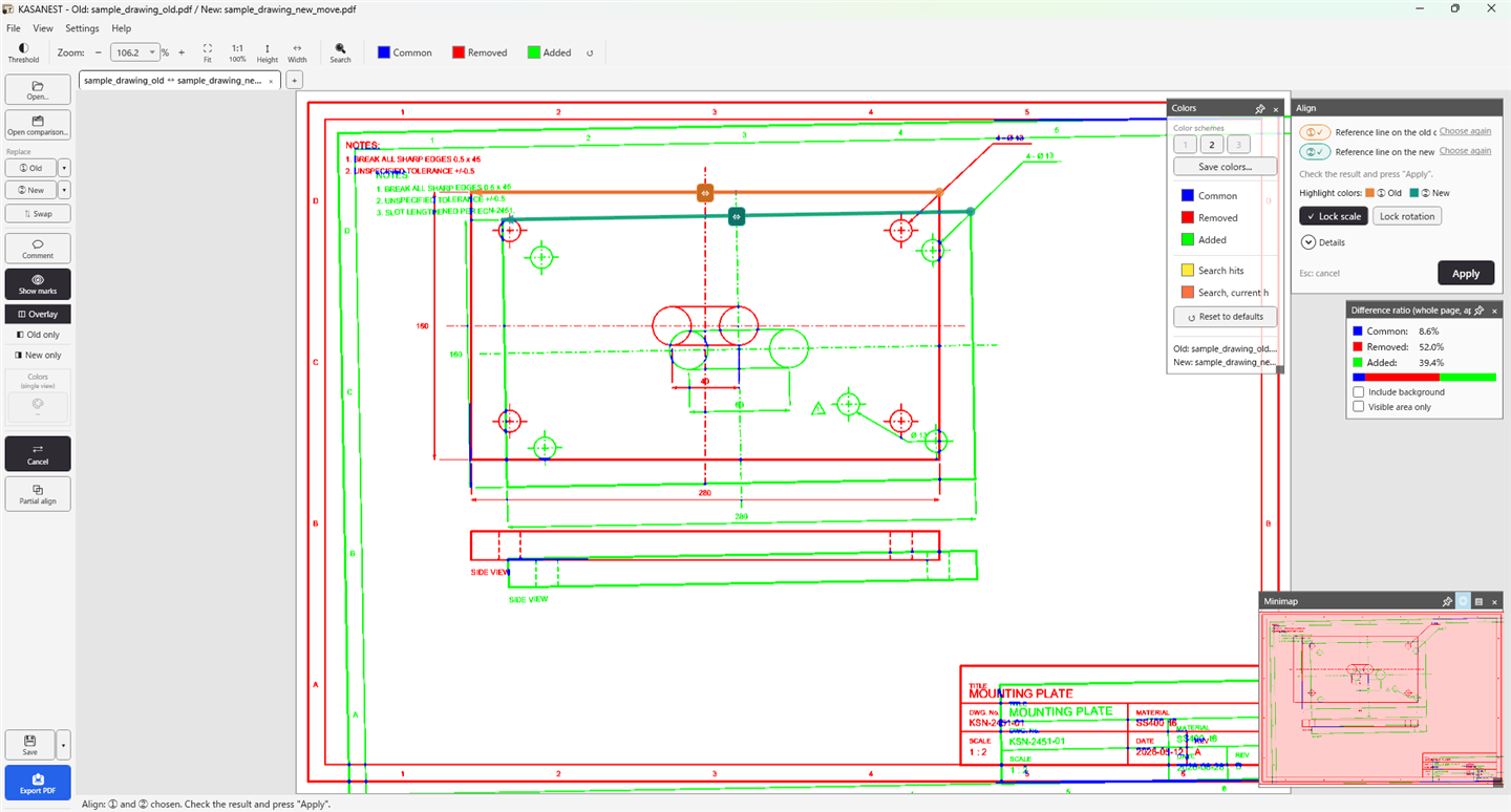 The alignment screen. The reference lines chosen on the old and new drawings are highlighted in orange and green respectively, with options such as 'Lock rotation' shown on the right.