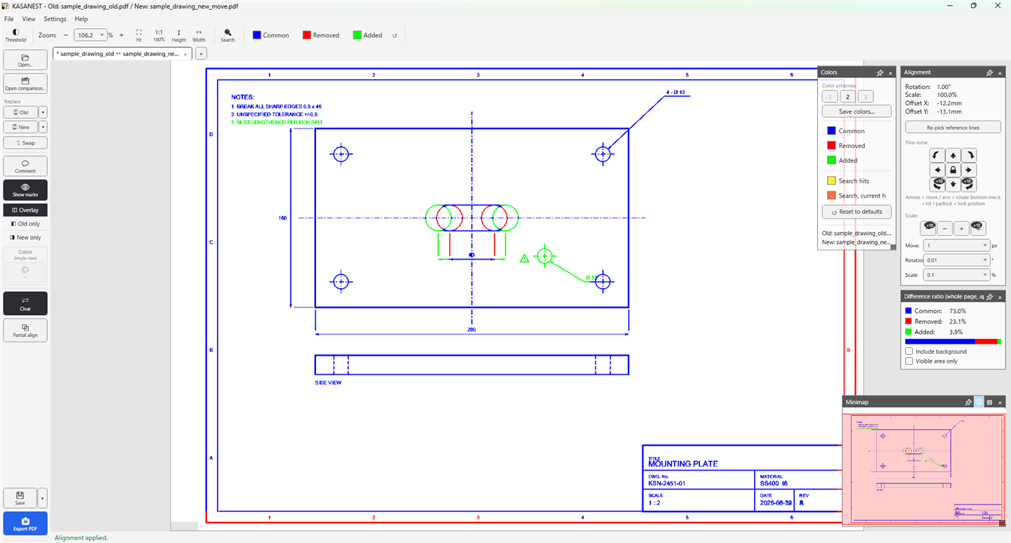 The drawing after alignment is applied. Most of the drawing is now solid blue, with only the lengthened slot, the added hole, and the added text remaining in red and green.