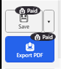Part of the free-edition screen. The 'Save' and 'Export PDF' buttons are marked with a lock icon and a 'Paid' label.
