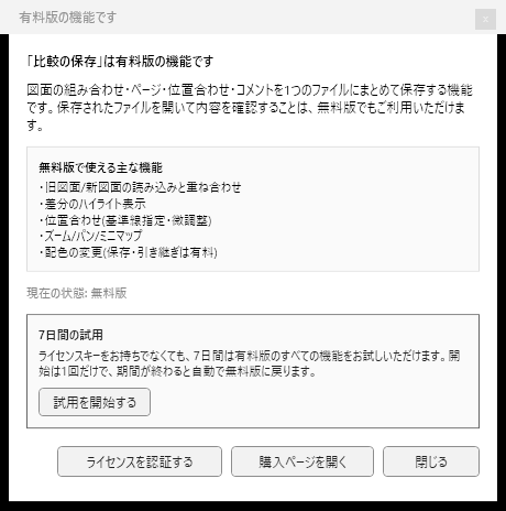 「比較を保存」を無料版で押したときの案内。見出しは「「比較の保存」は有料版の機能です」。「7日間の試用」の欄に「試用を開始する」ボタンがあり、下に「ライセンスを認証する」「購入ページを開く」「閉じる」が並ぶ。現在の状態は無料版と出ている。